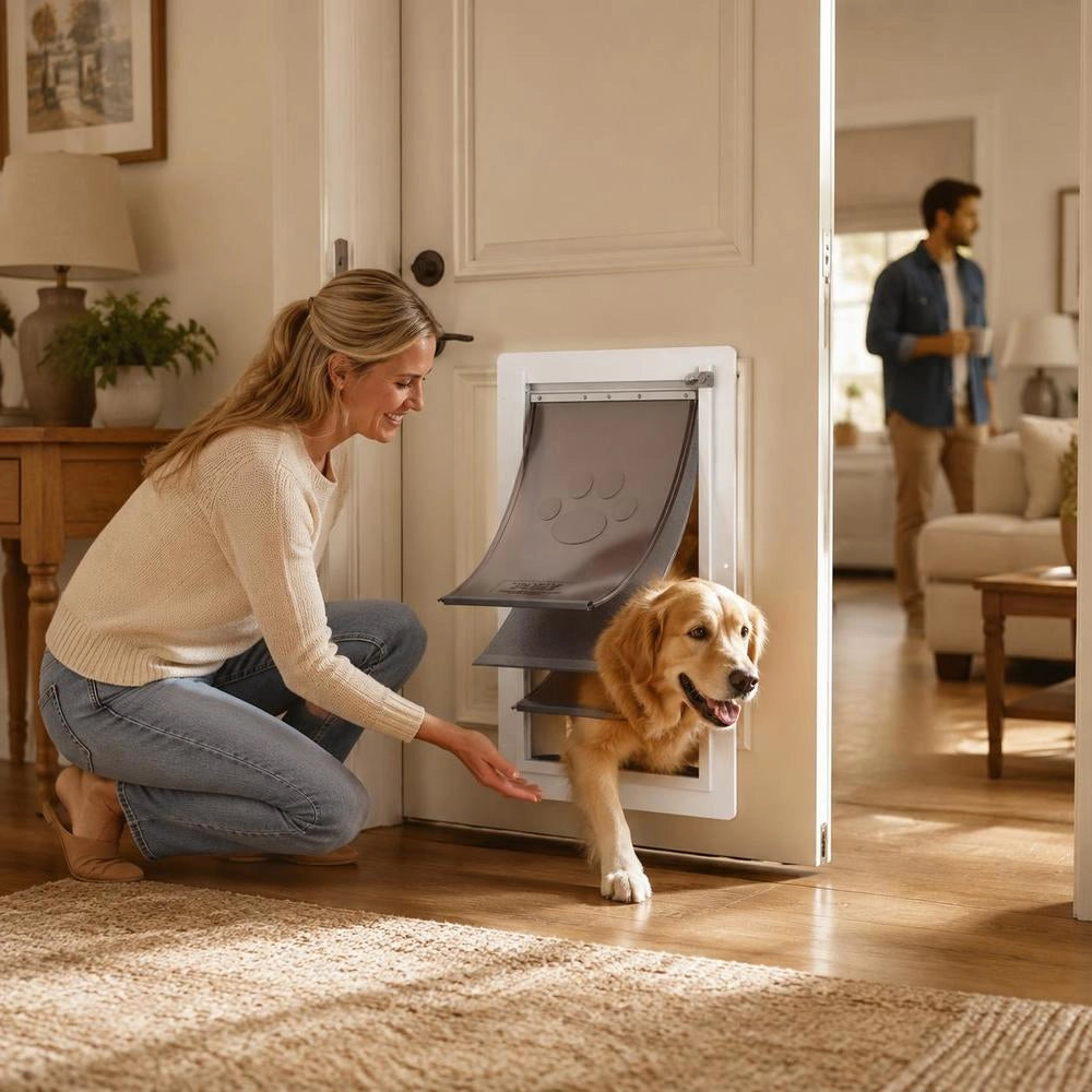 Pet Door/dog Door, Metal Frame With Lock And 3-flap System, 362 X 536 Mm, Weatherproof, Suitable For Cats, Dogs, And Kittens (White-L), Easy Installation