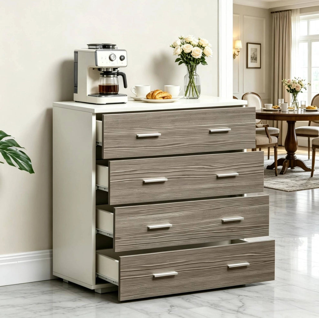 Cassettiera in truciolare bianco e grigio con 4 cassetti