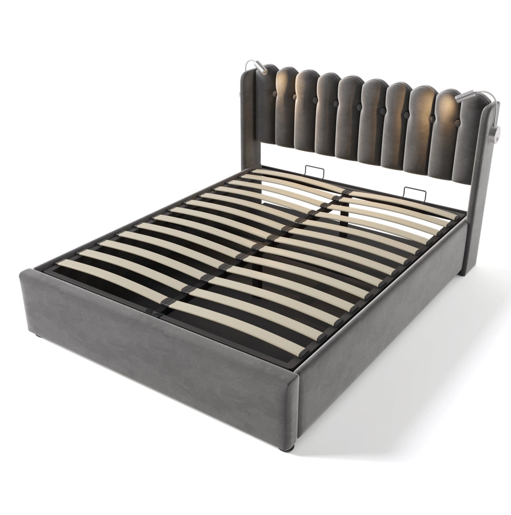 Letto 160x200 cm con contenitore, luce da lettura e USB in velluto grigio