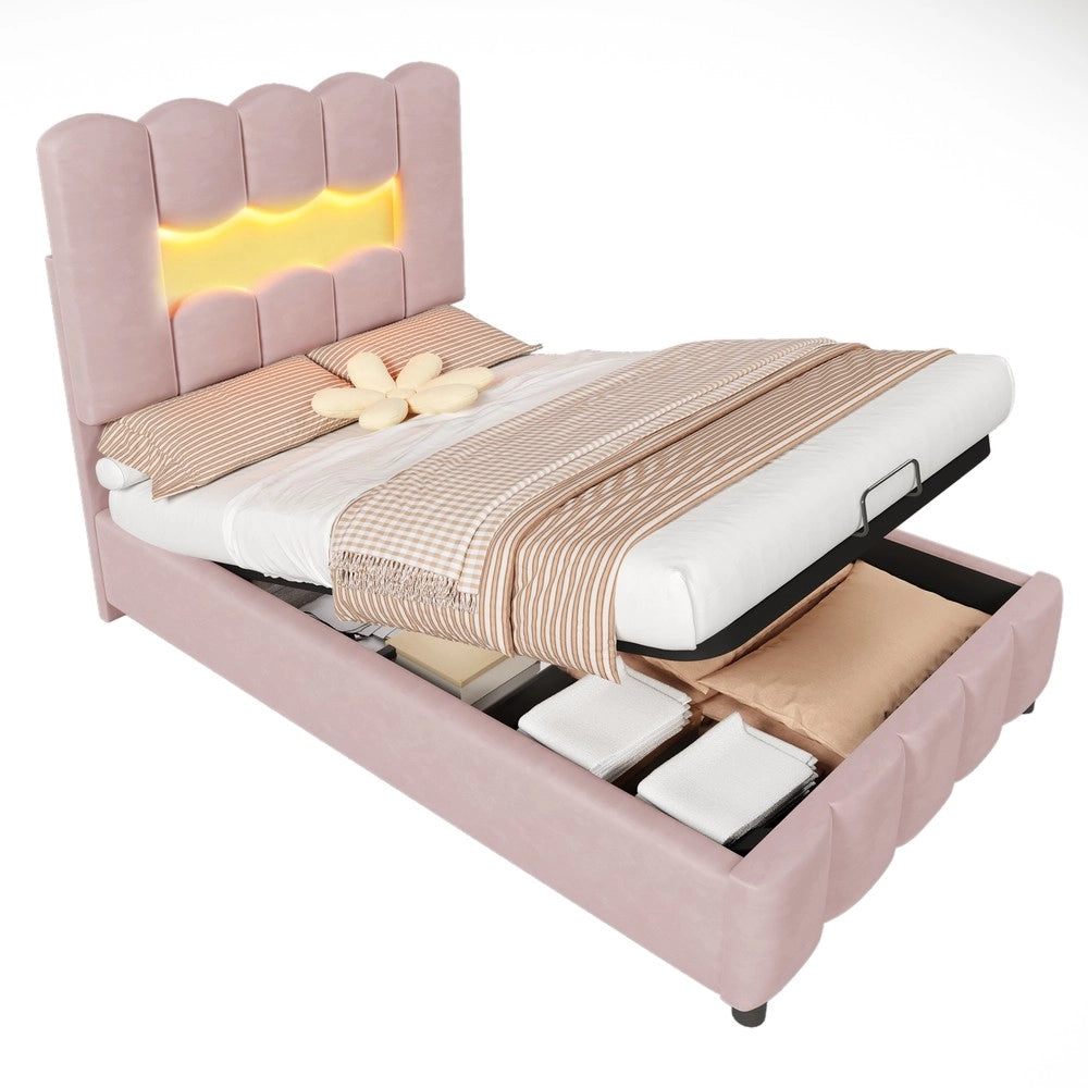 Letto Imbottito con Contenitore e LED ¨C MINIMAL ¨C Velluto Rosa 90x200