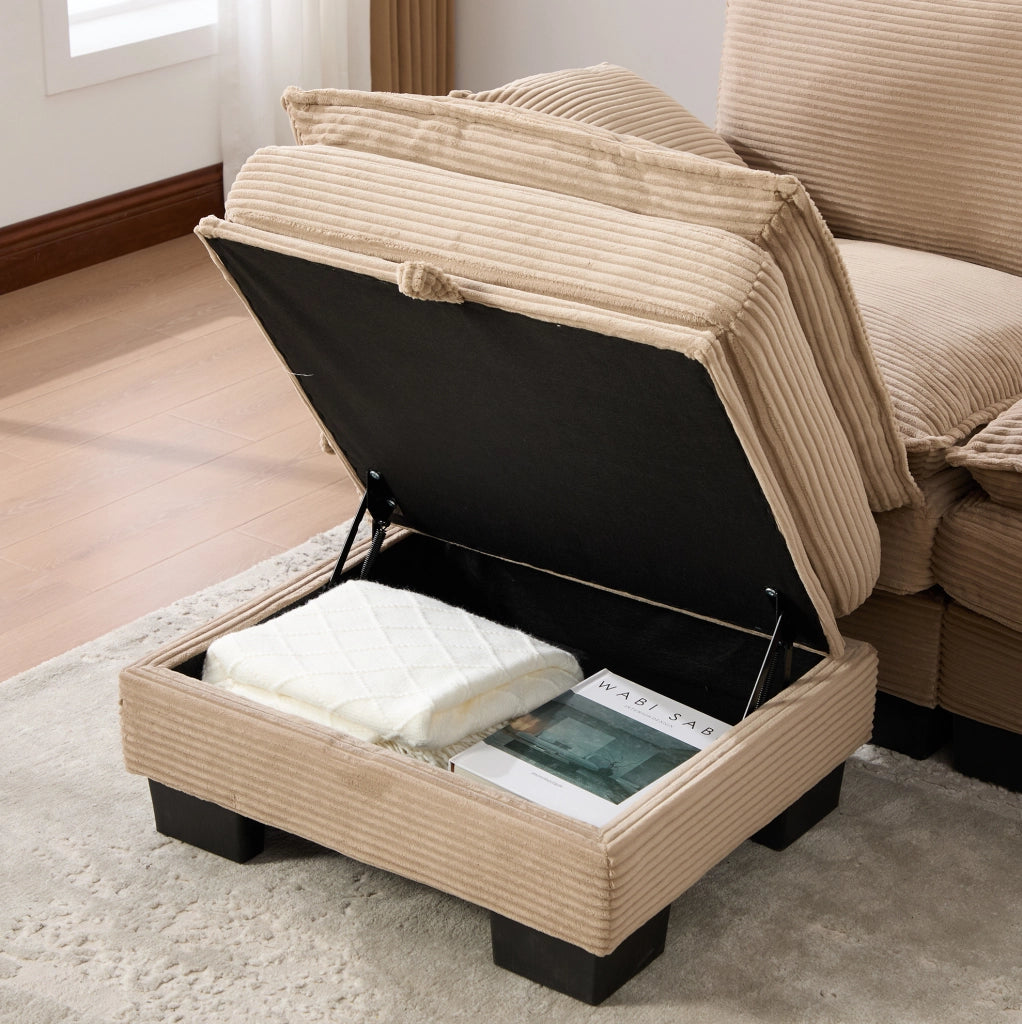 Divano 2 posti con hocker; USB-C e tasche laterali; in corduroy khaki