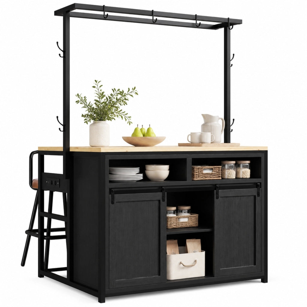 Set tavolo e sedie con isola cucina e 2 sgabelli, prese USB, MDF e metallo nero