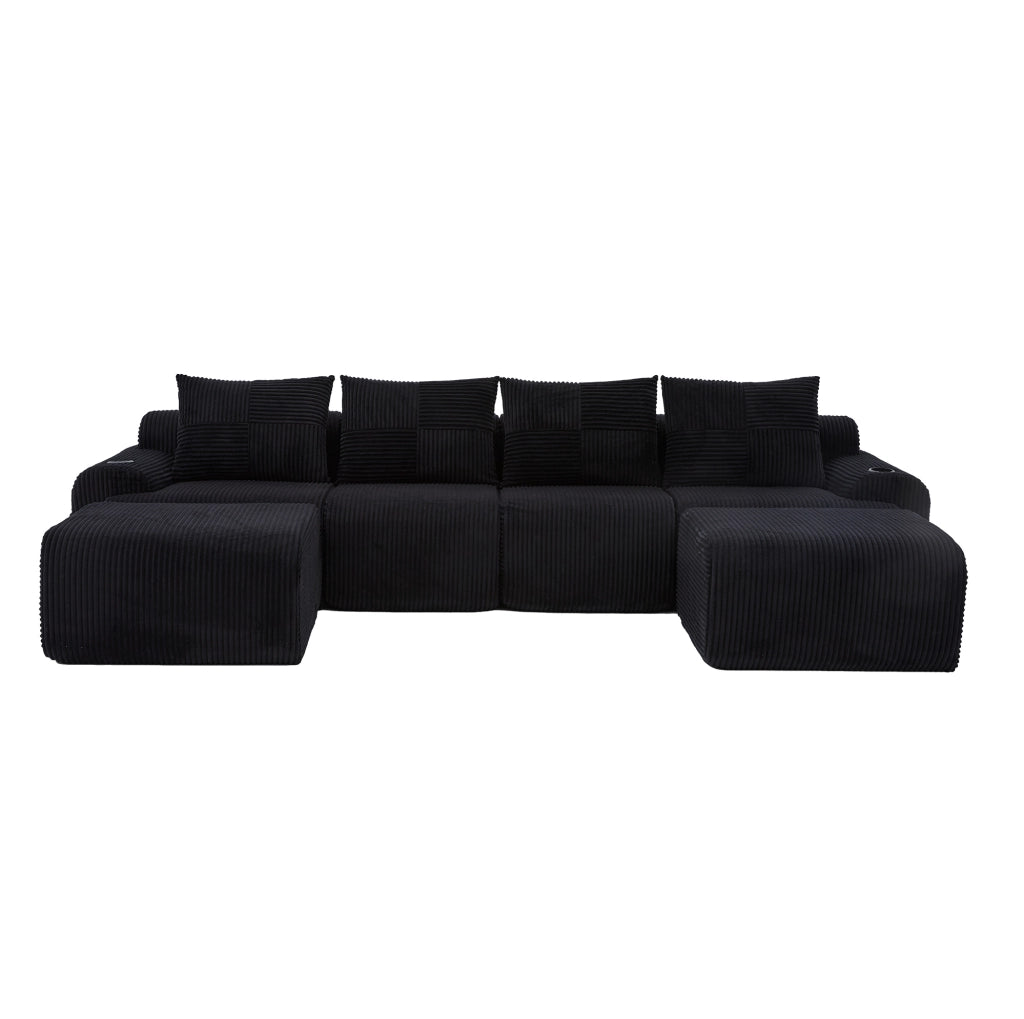 Divano modulare 4 posti con portabicchieri e tasca laterale 333x174x80 cm; corduroy nero
