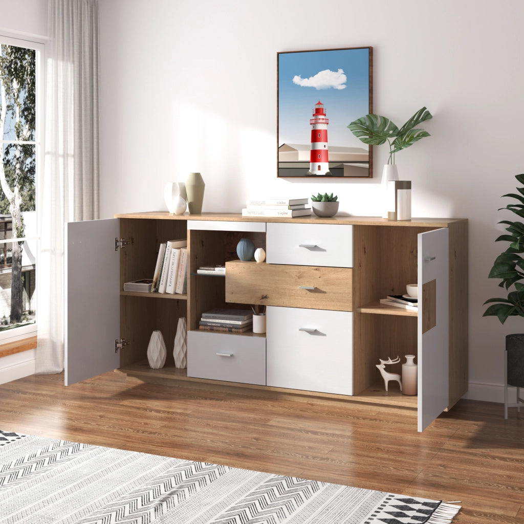 Madia con LED a 16 colori 2 ante 4 cassetti ripiani regolabili per soggiorno bianco effetto legno 160 × 40 × 77 cm