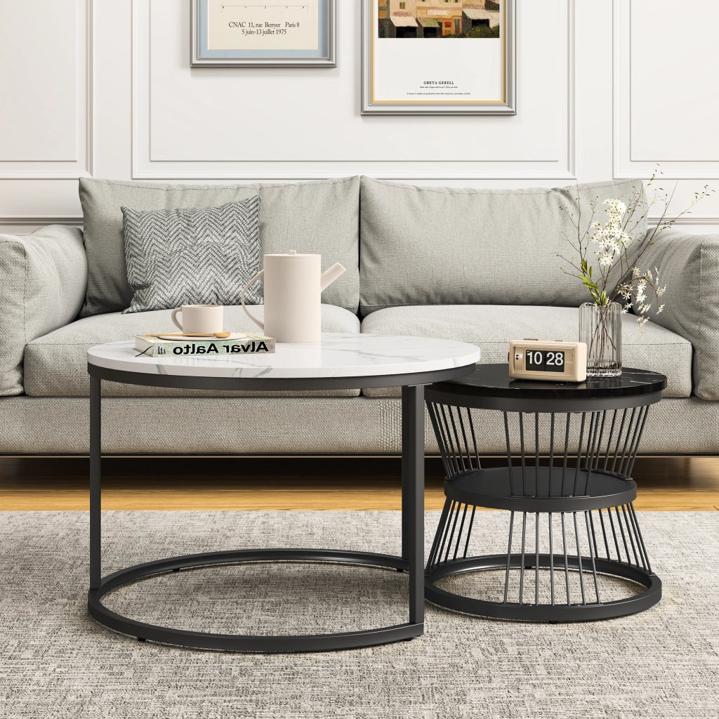 Tavolino salotto rotondo 70x70x45 cm set 2 pezzi tavolino da divano impilabile effetto marmo struttura in metallo - nero e bianco