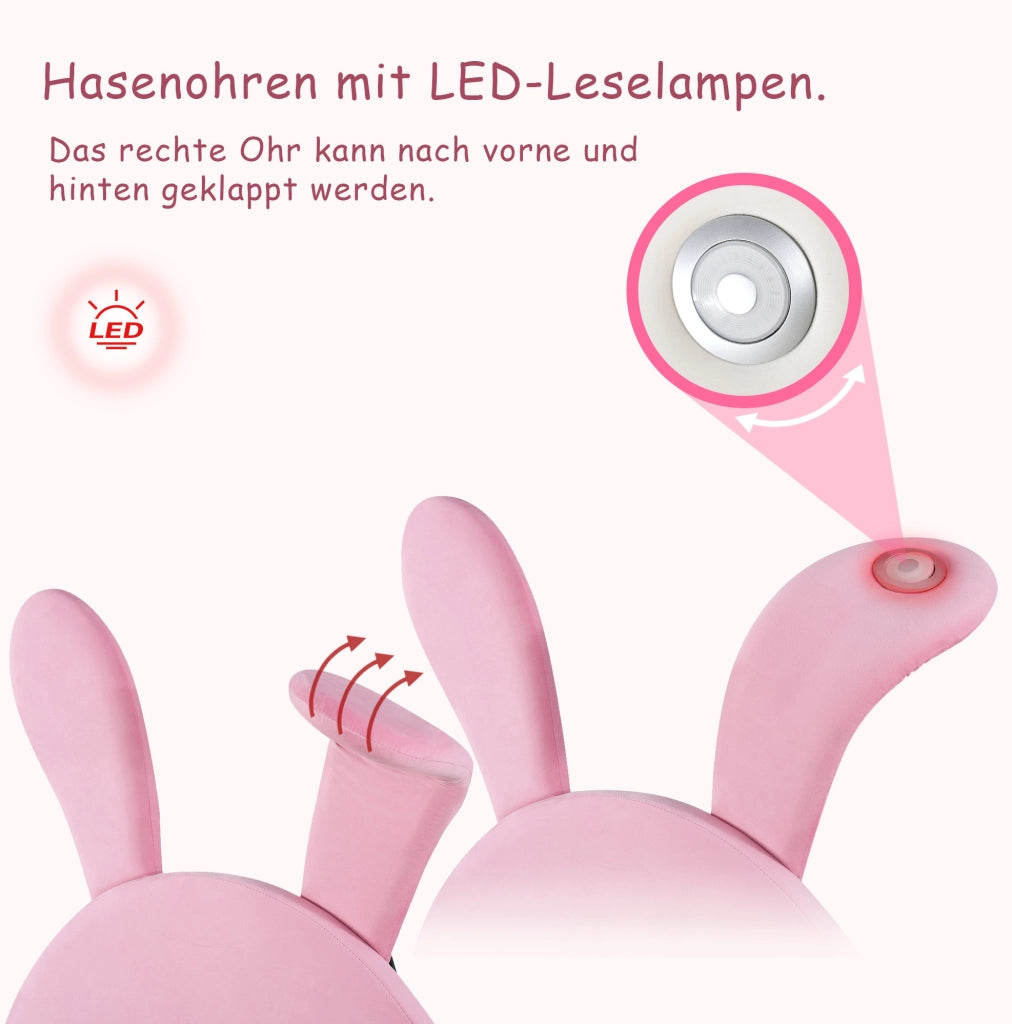 Letto rosa 90 x 200 cm con LED, panche contenitore e orecchie pieghevoli