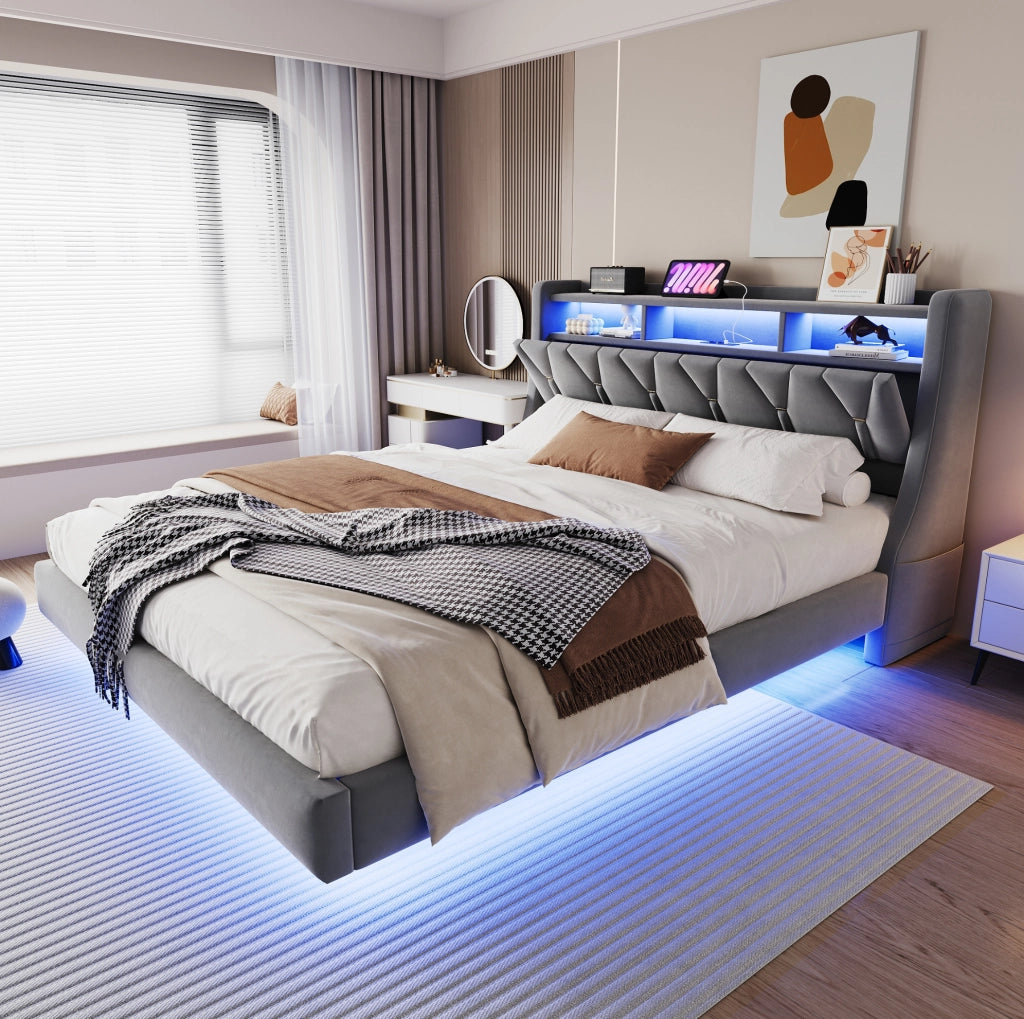 Letto imbottito 180x200 cm con testiera pieghevole, LED, USB e USB-C in velluto grigio