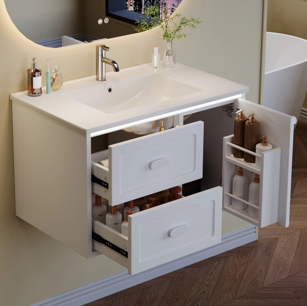 Mobile lavabo da bagno sospeso 76x46x51 cm in MDF laccato con lavabo in ceramica, 2 cassetti, LED con sensore radar, bianco