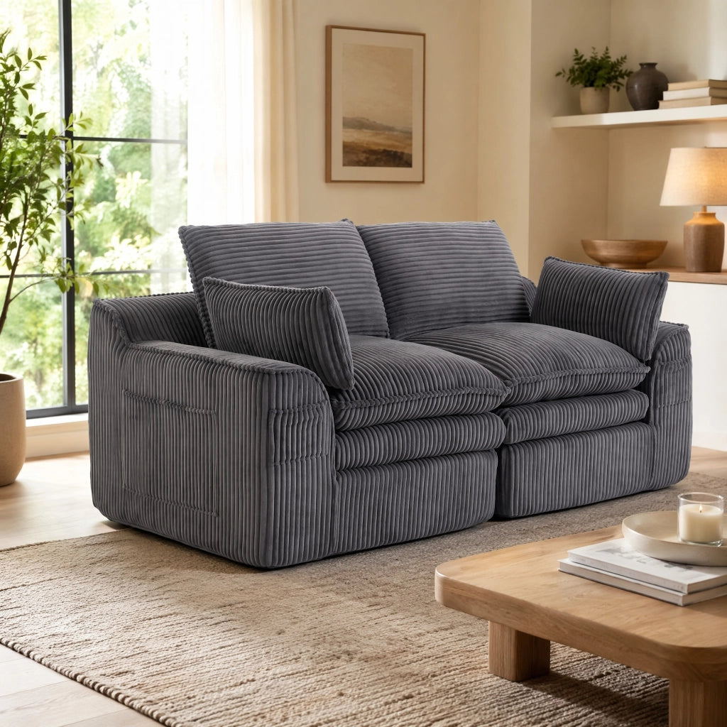 Divano 2 posti in velluto a coste grigio scuro con cuscini tasche laterali e molle integrate 191 × 94 × 85 cm