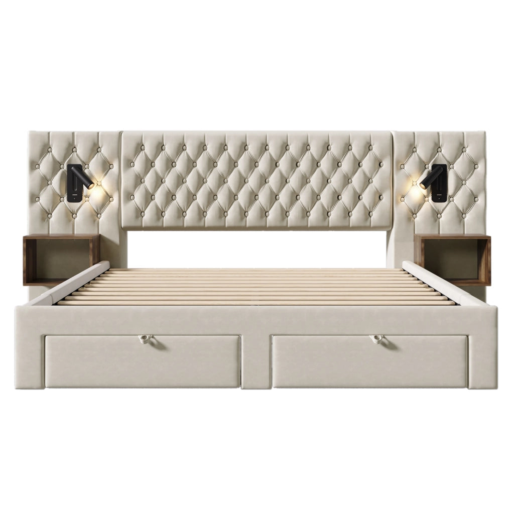 Letto matrimoniale 180x200 cm con comodini, 4 cassetti, luci LED e USB-C beige