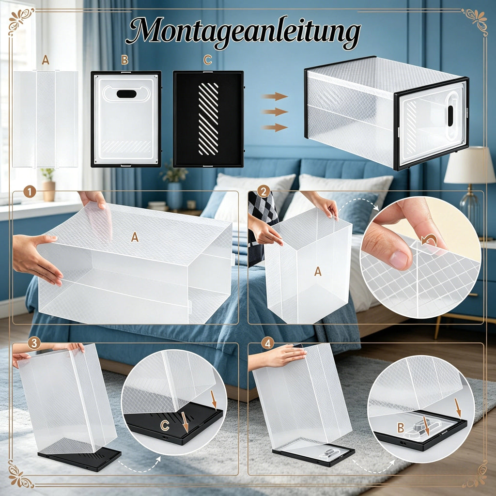 Scarpiera modulare con 12 box impilabili e aperture frontali, in plastica trasparente e nera, per camera da letto