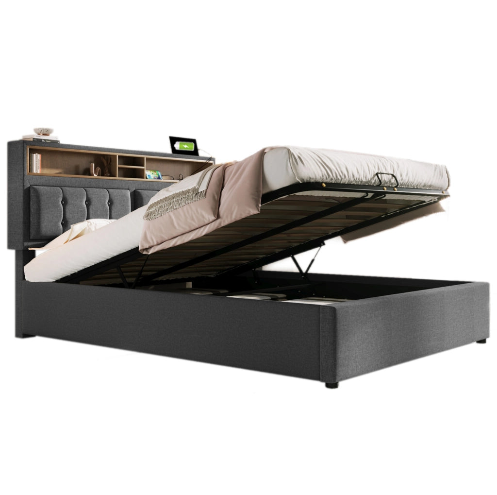 Letto imbottito 160x200 cm con USB-C e contenitore