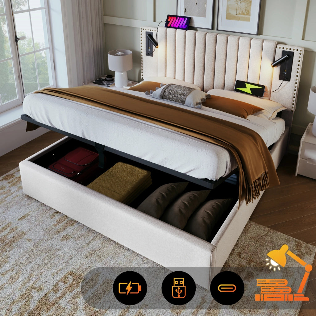 letto imbottito cotone beige 160 x 200 cm