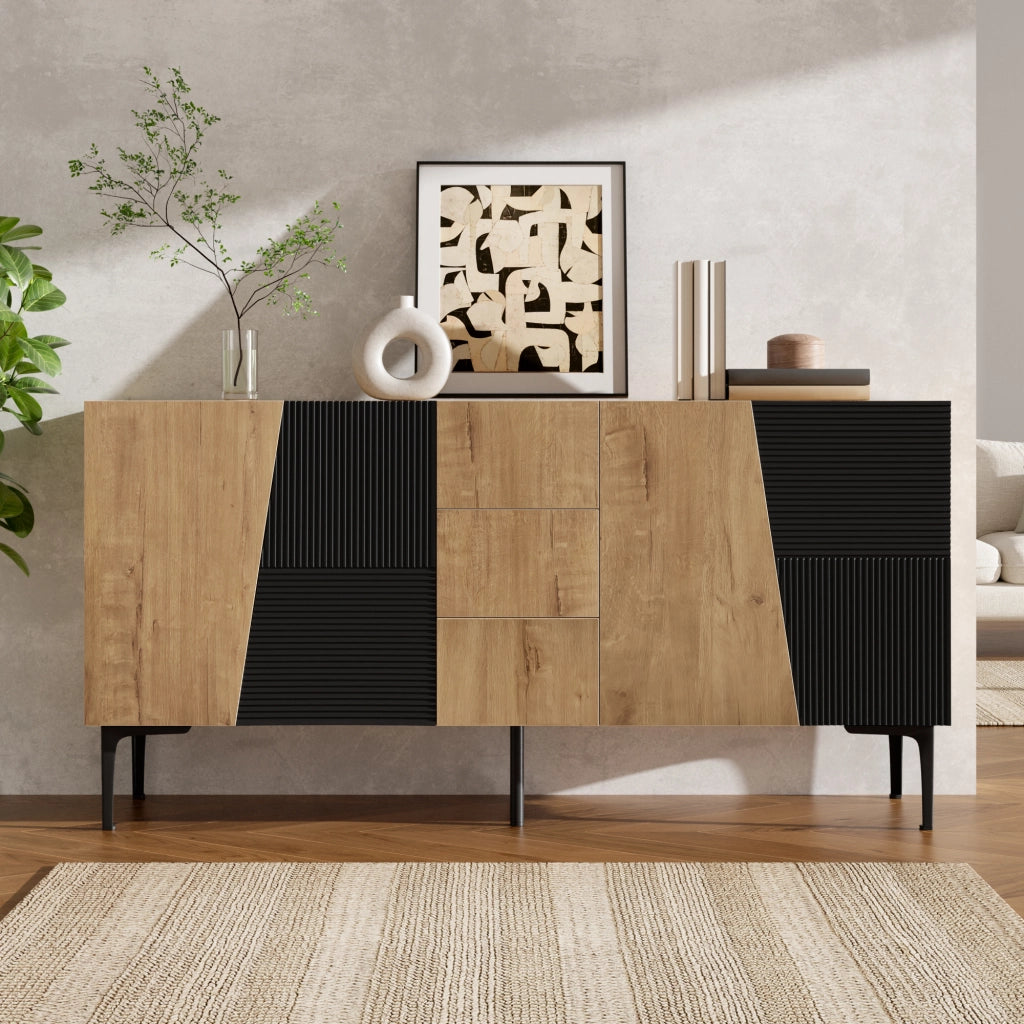 Credenza con 4 ante, 3 cassetti e ripiani regolabili per soggiorno, in truciolare nero e naturale, 160 × 40 × 80 cm