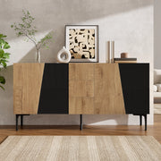 Credenza con 4 ante, 3 cassetti e ripiani regolabili per soggiorno, in truciolare nero e naturale, 160 × 40 × 80 cm