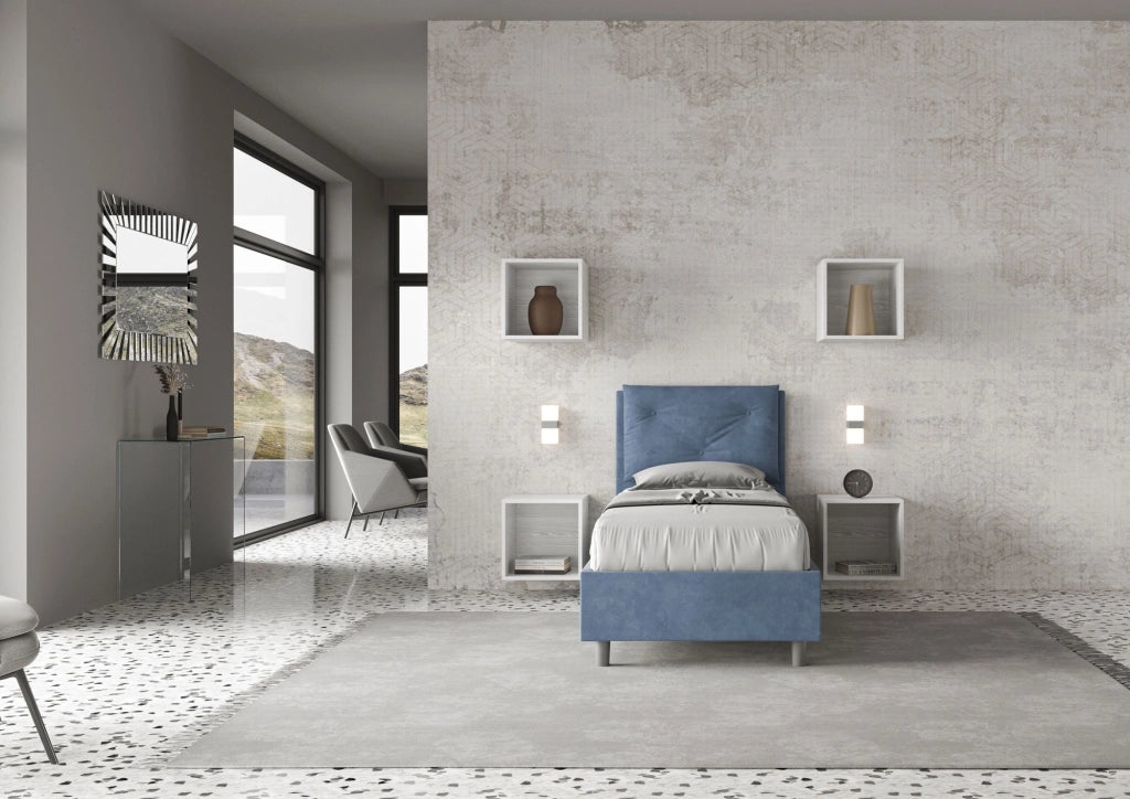 BS COM Letto singolo contenitore imbottito 80x210 microfibra blu