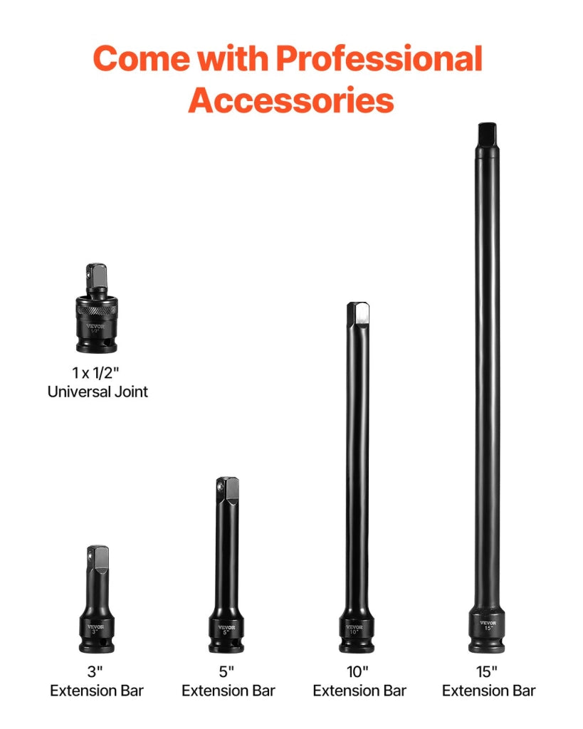 Set Bussole a Percussione 1/2 Pollici 43 Pezzi in Acciaio CR-V, Bussole a 6 Punti 9-30 mm Standard e Profonde con Prolunghe per Officina e Fai da Te