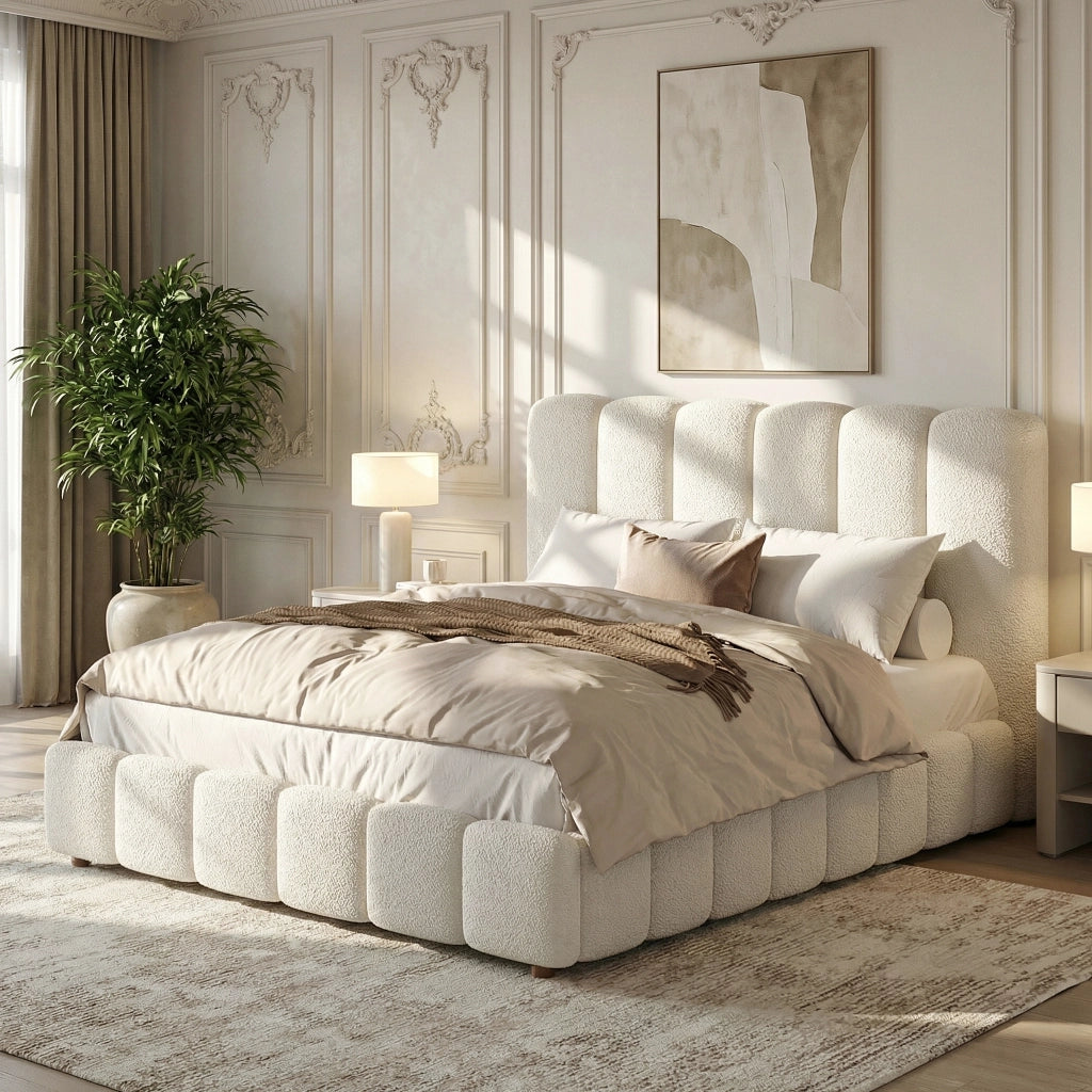 Letto contenitore 140 x 200 cm in tessuto boucl¨¦ bianco, matrimoniale imbottito idraulico con rete a doghe e ampio contenitore, testiera trapuntata
