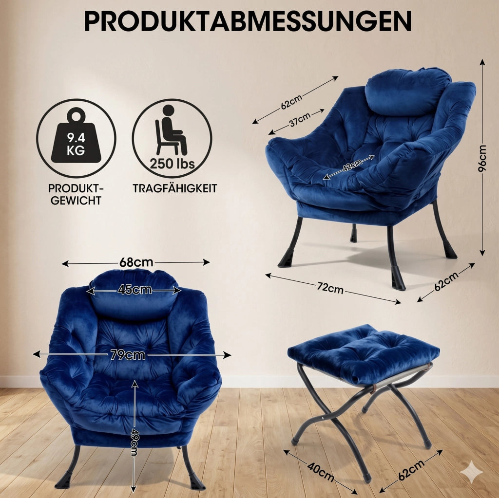 POLTRONA Relax con Pouf 70x77x20 cm Tessuto Blu Scuro