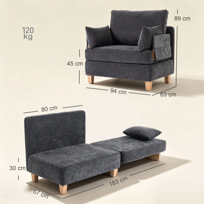 Poltrona letto 2 in 1 pieghevole con tasche laterali e due cuscini sfoderabili in poliestere grigio scuro