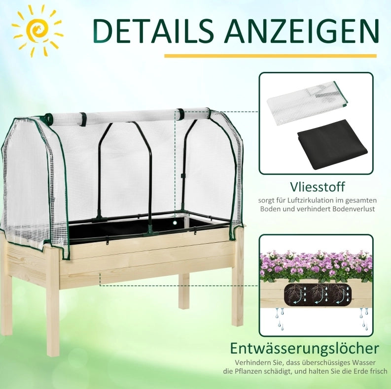 Hochbeet in Naturholz mit aufrollbarer Folienabdeckung und Stoffauskleidung, 121 x 55 x 117 cm