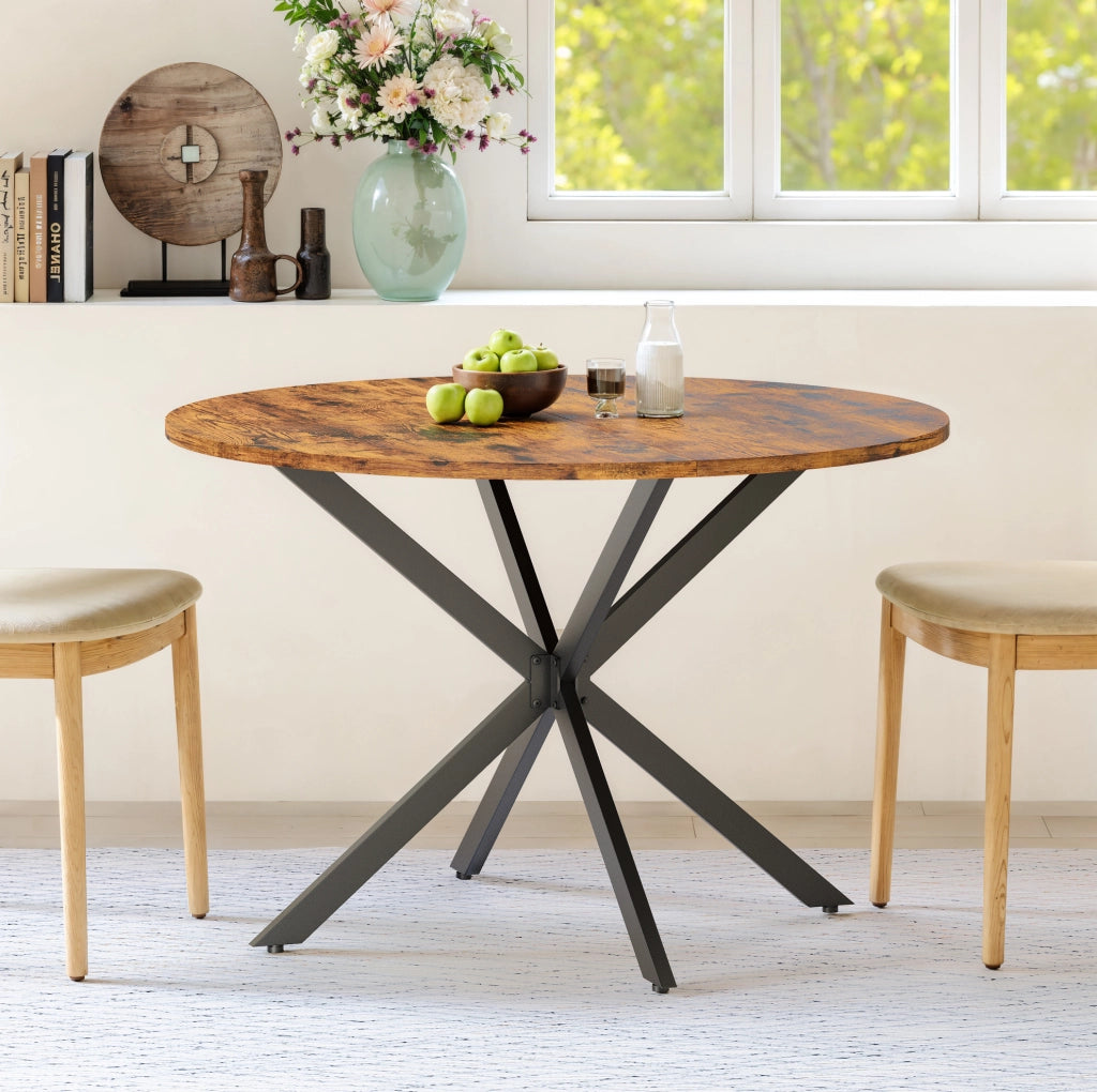 TAVOLO da pranzo rotondo Ø120 cm marrone vintage e nero in ferro e truciolato
