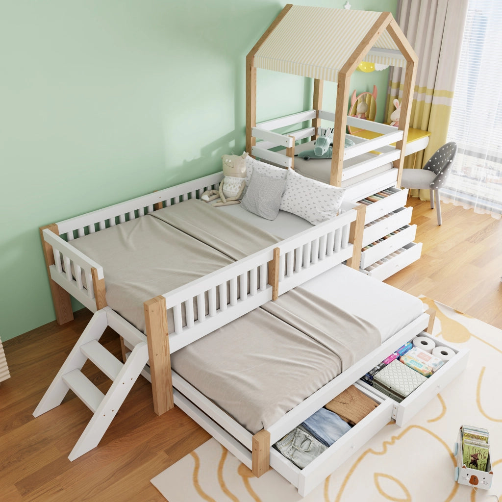 Casetta a castello bambini in legno massello 90 x 200 cm con letto estraibile 90 x 190, scala a 4 cassetti e tetto in tessuto, bianco e legno naturale