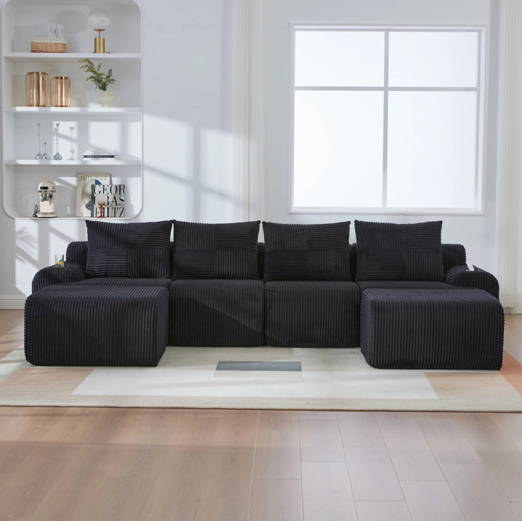 Divano modulare 4 posti con portabicchieri e tasca laterale 333x174x80 cm; corduroy nero