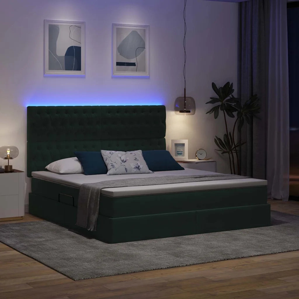 Letto con contenitore e LED Verde Scuro 160 x 200 cm Velluto