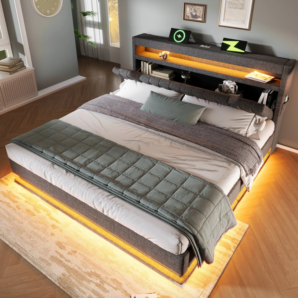Letto contenitore 140 × 190 cm con LED; USB e USB-C; lino grigio