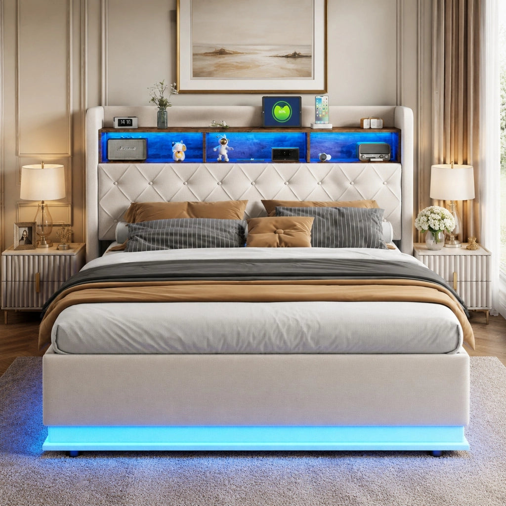 Letto imbottito LED 180x200 cm beige con USB e vano contenitore