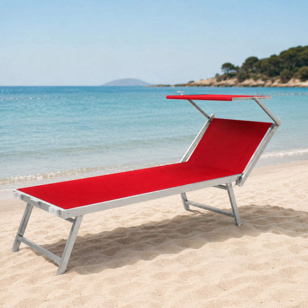 Lettino Sdraio Prendisole Professionale Richiudibile In Alluminio E Textilene con Tettino Parasole Orientabile Lettino Relax Mare Spiaggia Piscina Giardino Solarium 182 x 60 x 38 Cm Rosso