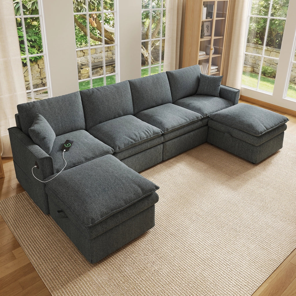 Divano modulare 6 posti configurabile a U o L con 2 pouf contenitore porte USB e Type-C in cotone e lino grigio