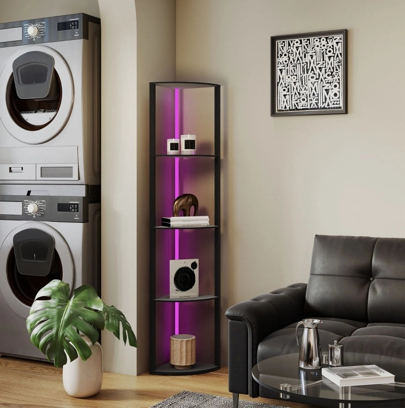 Lampada da terra angolare ULEVR 42x29,5x163 cm con 5 ripiani, LED RGB dimmerabile e telecomando, nera
