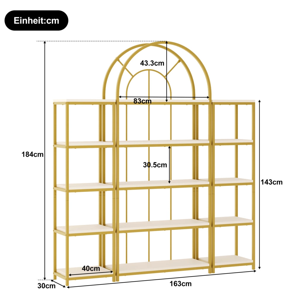 Libreria modulare 163x30x184 cm; 3 pezzi; metallo oro e MDF bianco