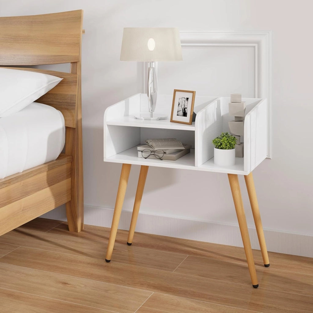 Comodino 50 x 32 x 58cm, Tavolino Moderno con Mensole Aperte, Gambe in Metallo e Poggiapiedi Regolabili, Comò Ideale per Soggiorno e Camera da Letto (Bianco,2)