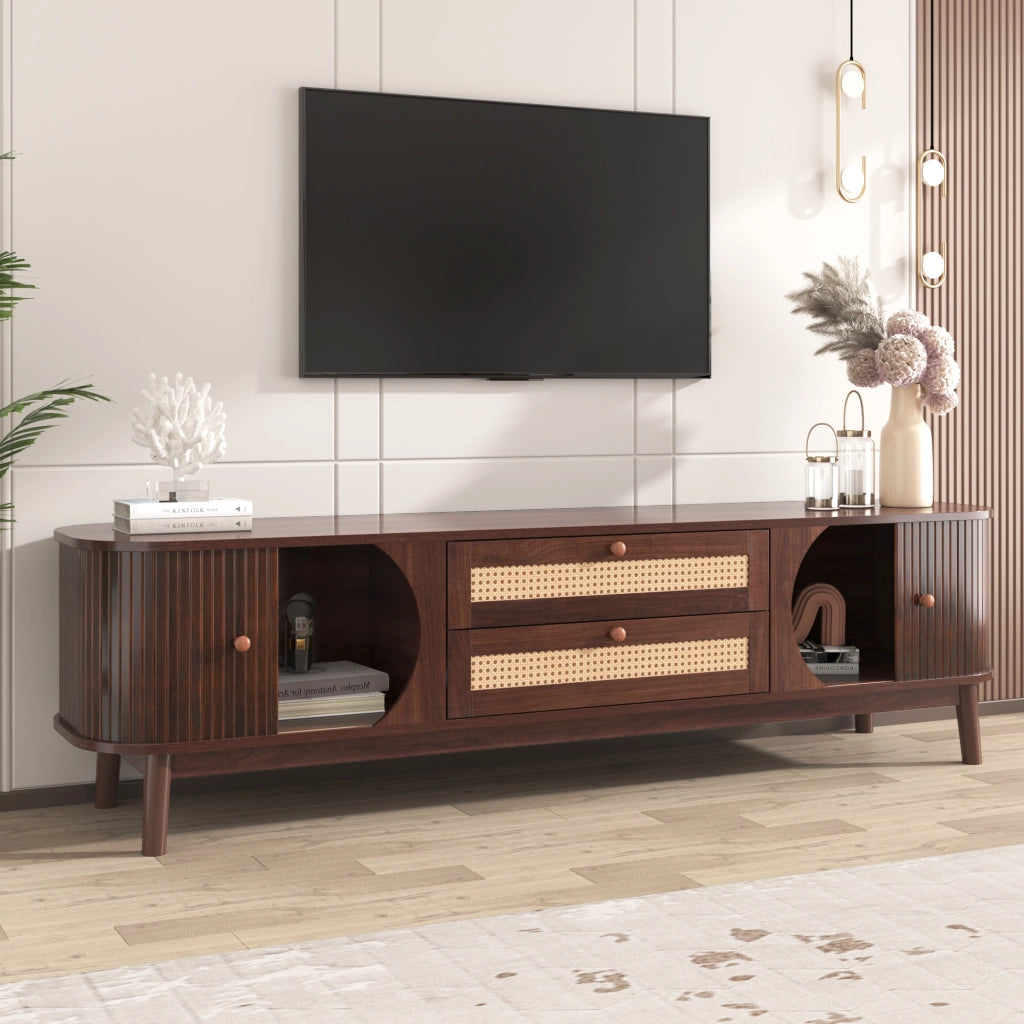 Mobile TV in MDF con ante in legno e cassetti in rattan, 170 x 46 x 39,5 cm, colore legno naturale
