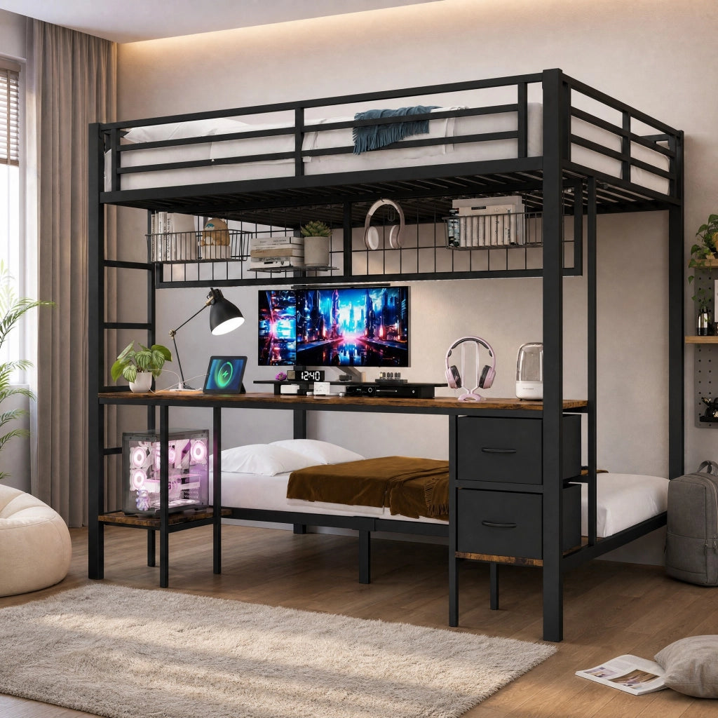 Letto a soppalco 140x200 cm con scrivania; cassetti e LED RGB in metallo e MDF nero