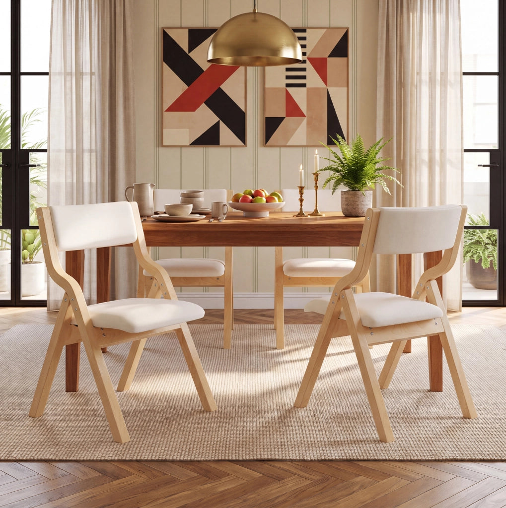 2 sedie da pranzo pieghevoli in legno massello, lino beige, imbottite, salvaspazio, già montate