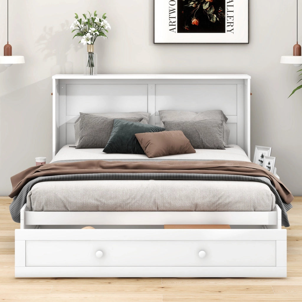 Letto pieghevole mobile 140x200 cm con cassetto e ripiani laterali, bianco