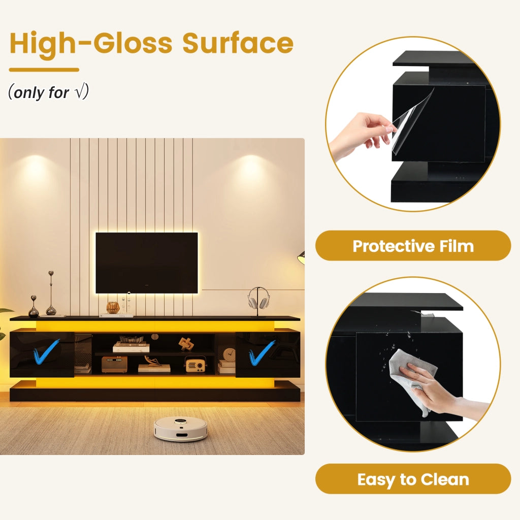 Mobile TV 180 × 35 × 60 cm con 2 ante push to open e LED RGB Bluetooth in MDF nero lucido