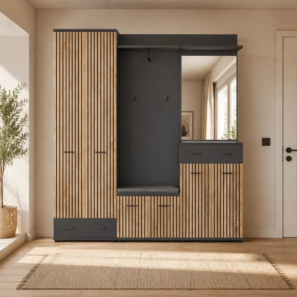 Mobile Ingresso Appendiabiti Set Entrata Design Moderno 180x 32x 203 Cm Antracite E Rovere