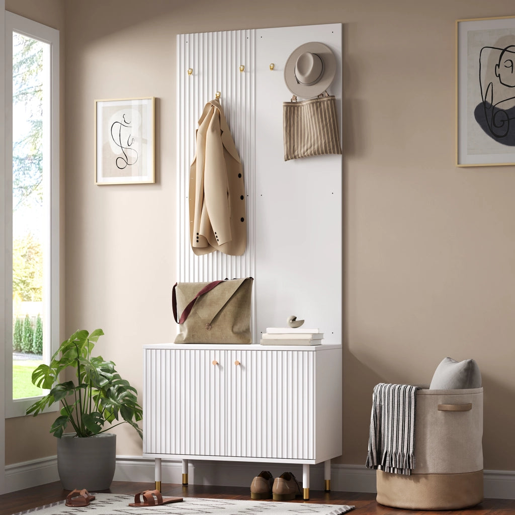 Mobile da ingresso 70x35x180 cm con 6 ganci e scarpiera in MDF e pannello truciolare bianco