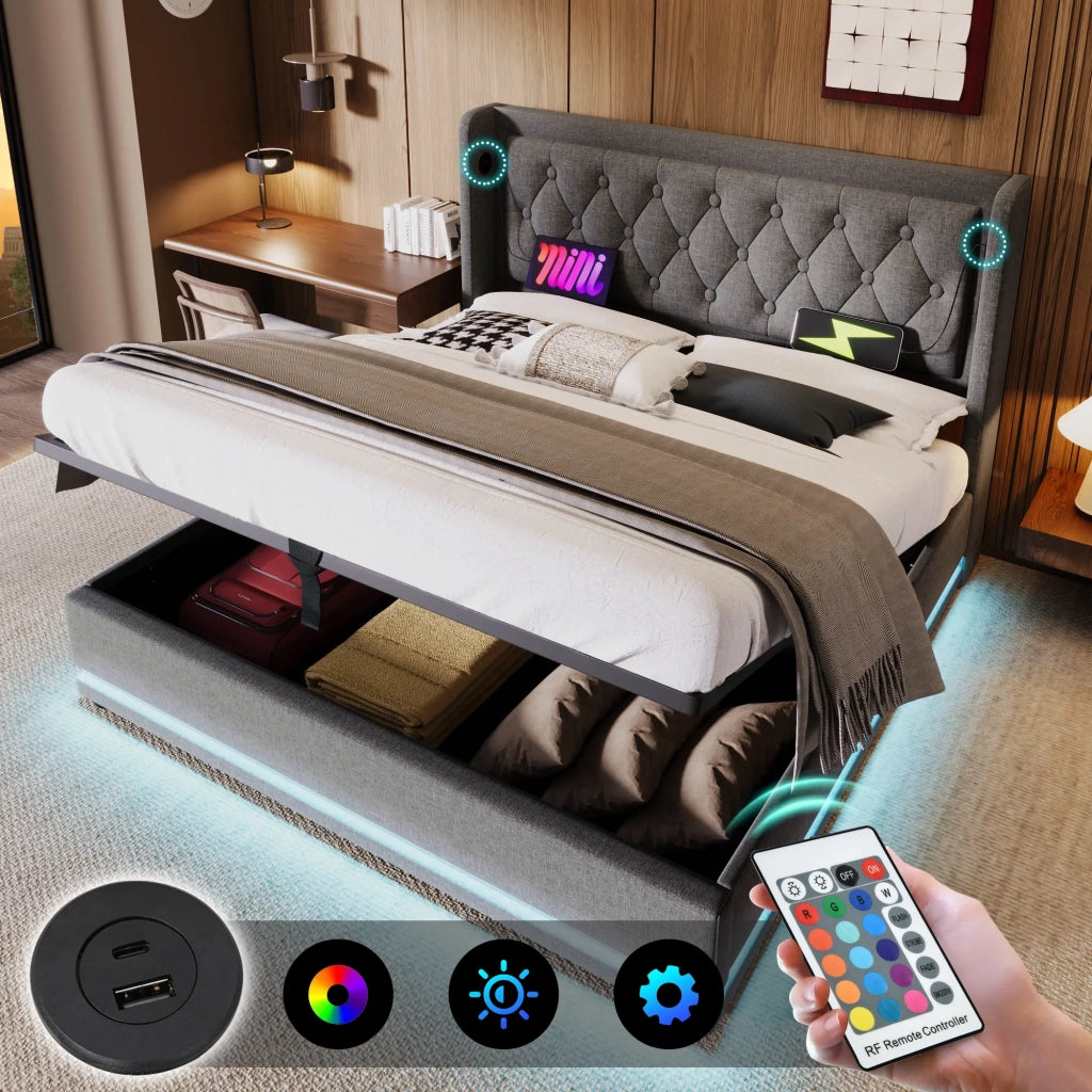 Letto matrimoniale imbottito 180x200 cm, grigio, cotone, con vano contenitore idraulico, testiera imbottita con ricarica USB-C e LED su 3 lati (senza materasso)