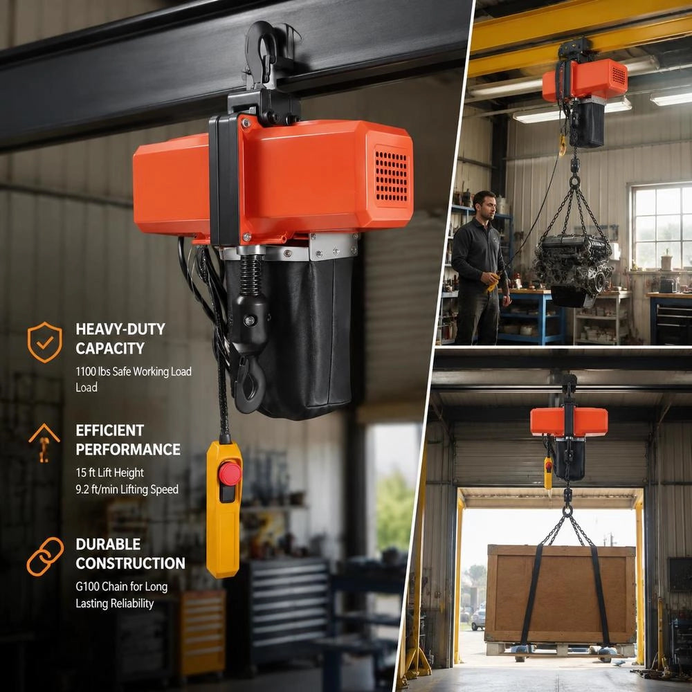 Electric Chain Hoist, 1100 Lbs Lifting Capacity, 15 Ft Lifting Height, 9.2 Ft/min Speed, 230 V, Single-phase Overhead Crane With G100 Chain, 10 Ft Cable Remote Control For Garage, Shop, Hotel, Home