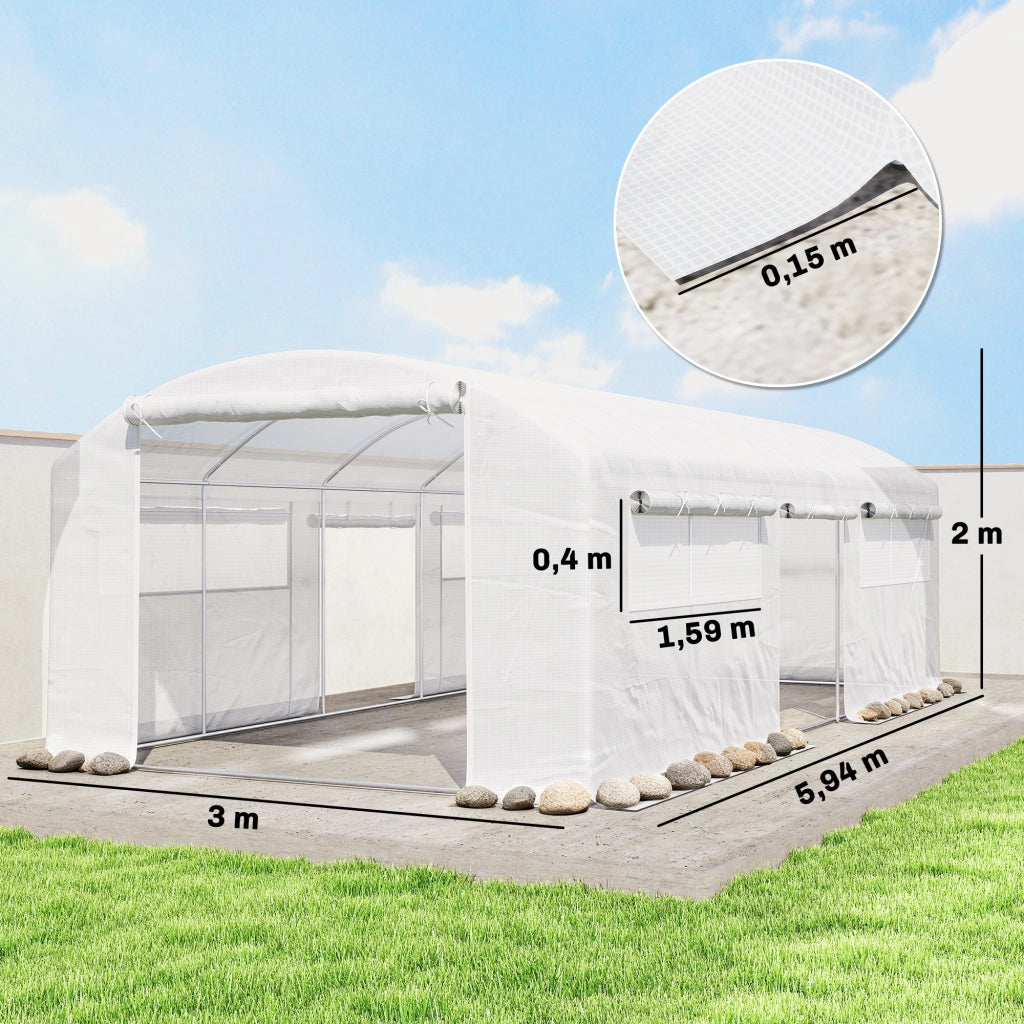 Serra Tunnel 6x3x2 m ¨C Minimal ¨C 3 Porte a Rullo, 6 Finestre a Rete, Struttura in Acciaio Zincato Bianco