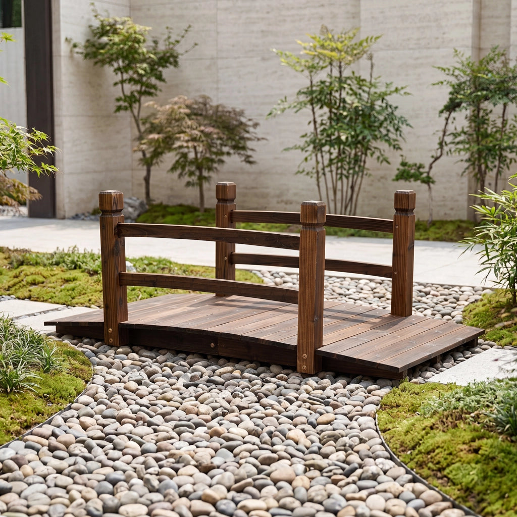 Ponte da giardino in abete carbonizzato con ringhiere, Ponticello decorativo per cortile e fattoria con portata 500 kg 125 x 68 x 47 cm