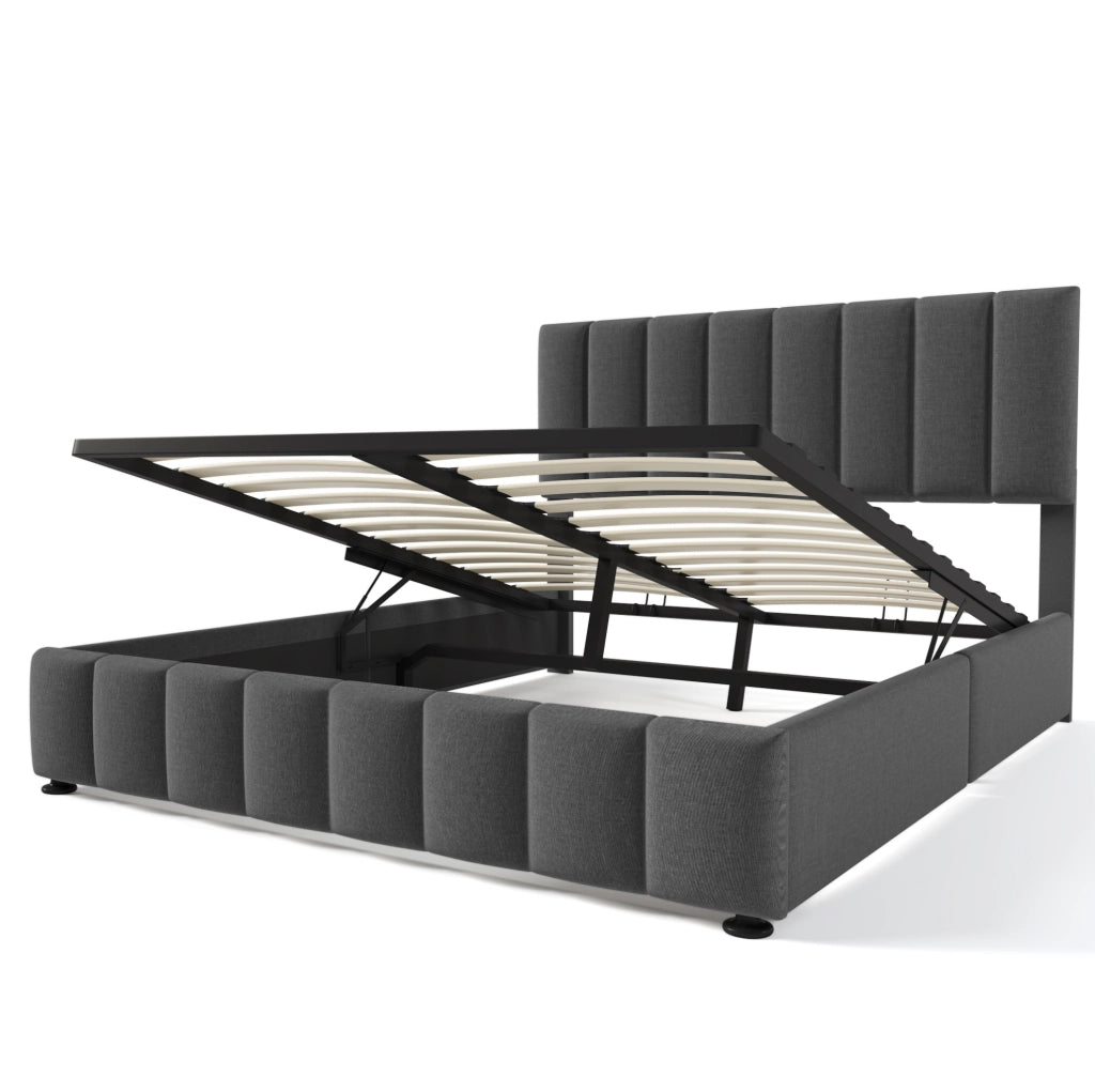 Letto imbottito 140x200 cm con testiera regolabile, contenitore e materasso grigio