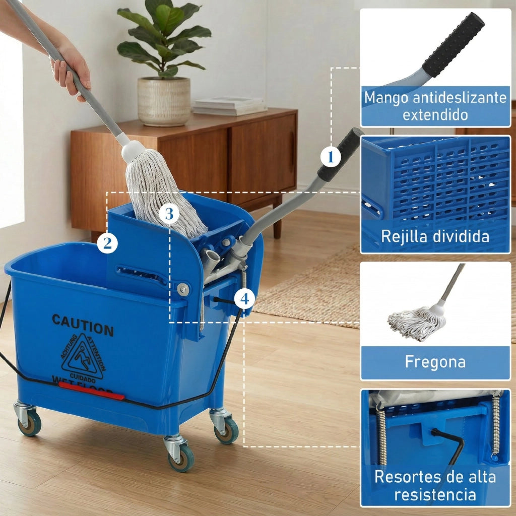 Secchio per Pulizie con Strizzatore e Separatore ¨C Xylo ¨C 20L Blu con Ruote 45x26,5x70cm