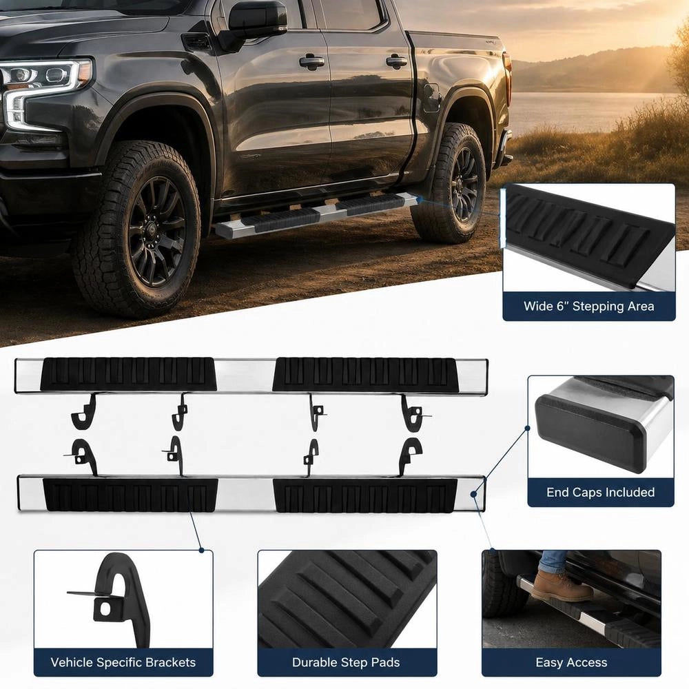 Running Boards, 6-inch Running Boards, Compatible With 2019–2023 Chevy Silverado/GMC Sierra 1500/2020–2024 Silverado/Sierra 2500/3500HD Crew Cab, 201 Stainless Steel Side Running Boards, 227 Kg, 2-piece